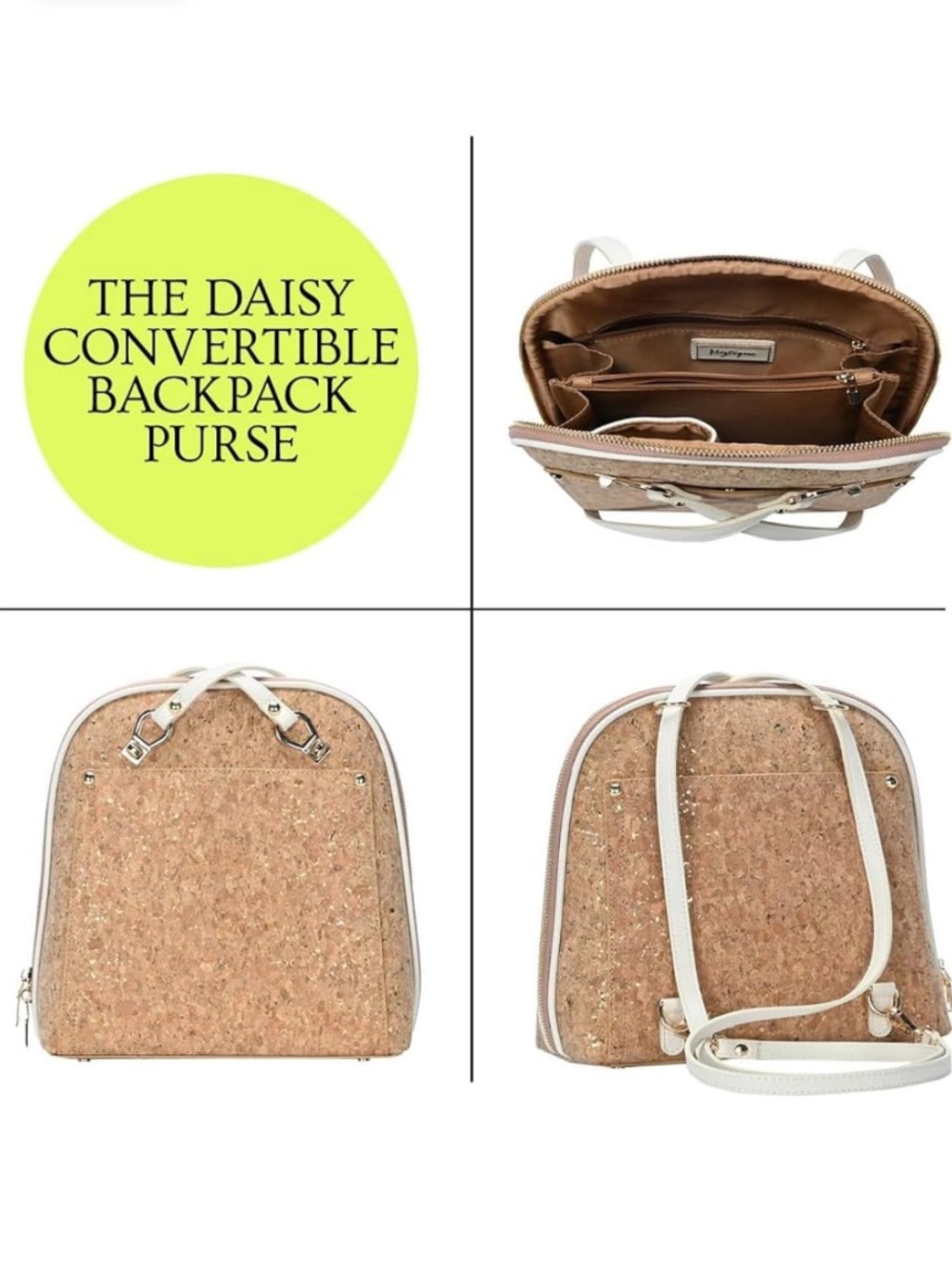 Miztique Daisy Convertible Cork Backpack Purse - White Trim